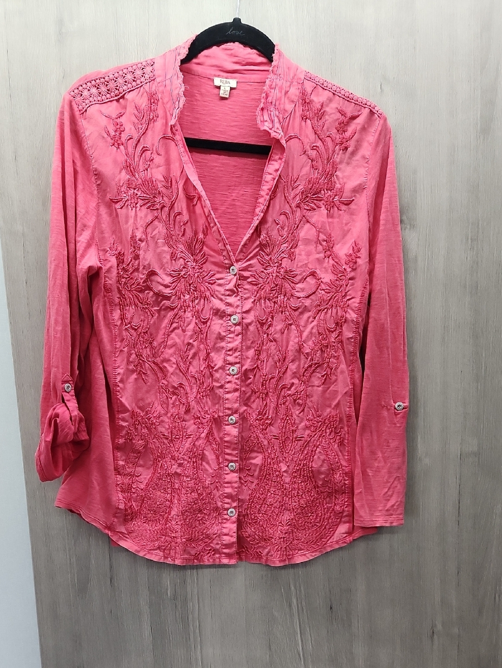 Reba Pink Embroidered Button-Down V-Neck Shirt